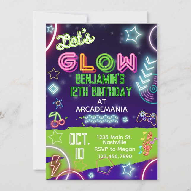 GLOW Birthday Gaming Arcade Party Glow Neon 80s Invitation (Front)