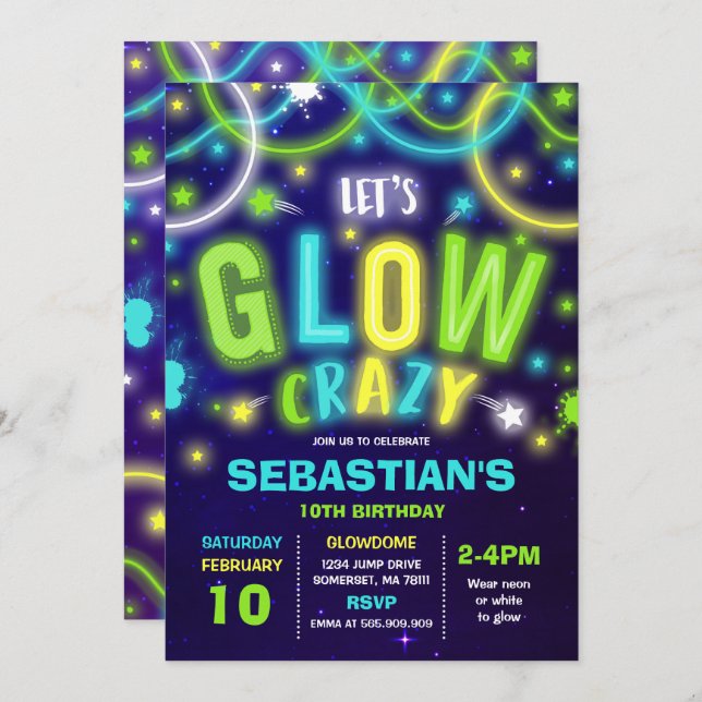 Glow Birthday Invitation Neon Glow Dance Party (Front/Back)