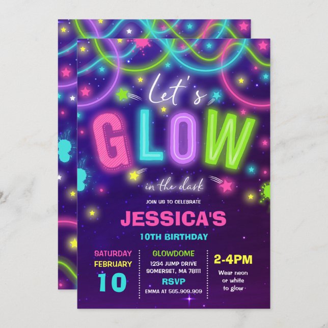 Glow Birthday Invitation Neon Glow Dance Party (Front/Back)