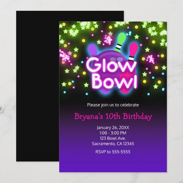 Glow Bowl Bowling Neon Stars Birthday Party Invitation (Front/Back)