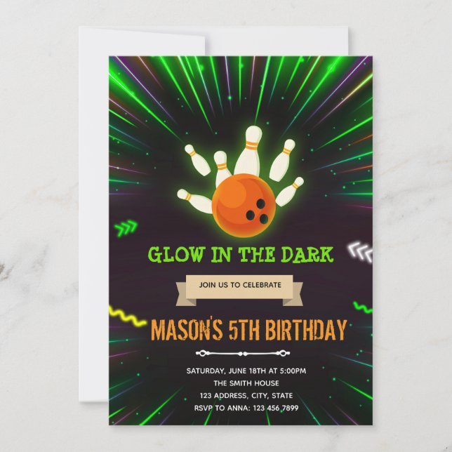 Glow bowling birthday invitation (Front)
