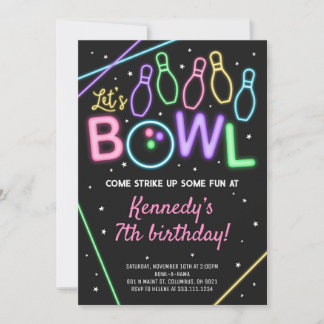 Glow Bowling Birthday Party Invitation Neon Colour