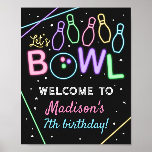 Glow Bowling Welcome Birthday Party Sign (Front)