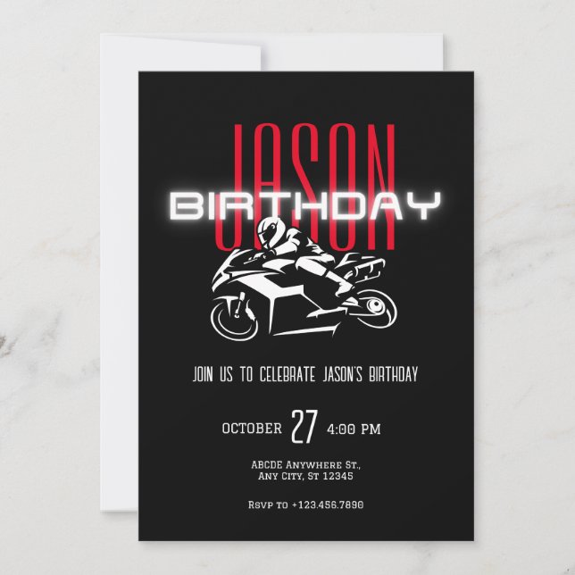 Glow dark birthday motorcycle invitation (Front)
