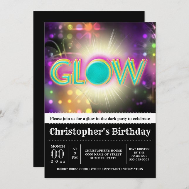 Glow in dark party sparkling night lights fun invitation (Front/Back)