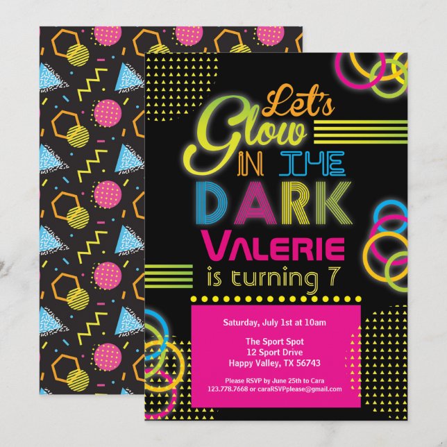 Glow in the dark girl birthday neon light invitation (Front/Back)