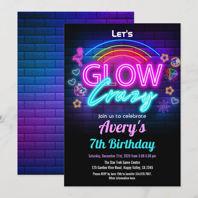 Glow In The Dark Girl Birthday Party Invitation (Front/Back)