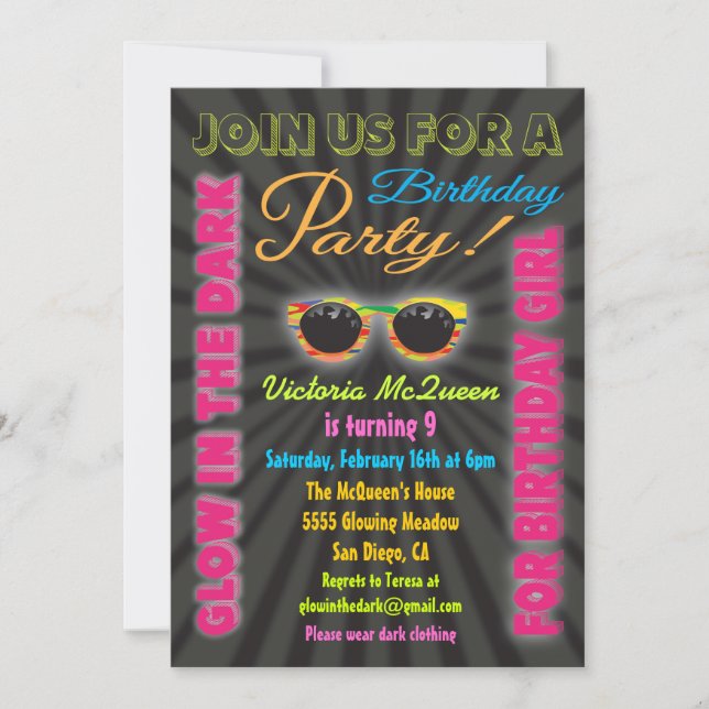 Glow in the Dark Girl Birthday Party Invitations (Front)