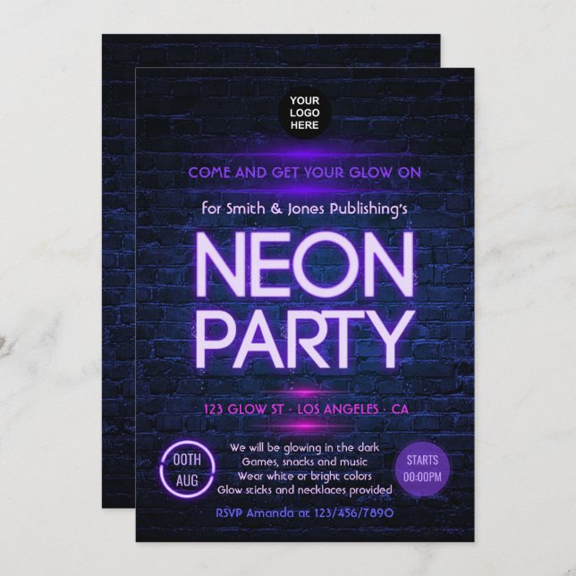 Glow in the Dark Neon Corporate party invitation (Front/Back)