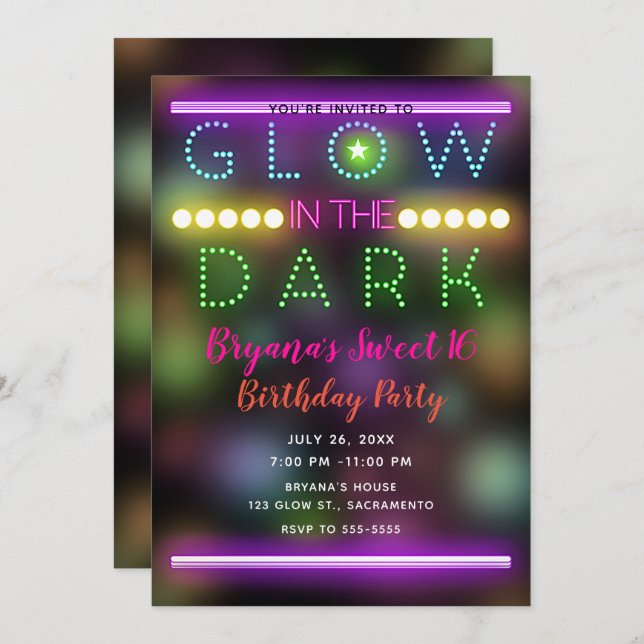 Glow in the Dark Neon Lights Fun Birthday Party Invitation (Front/Back)
