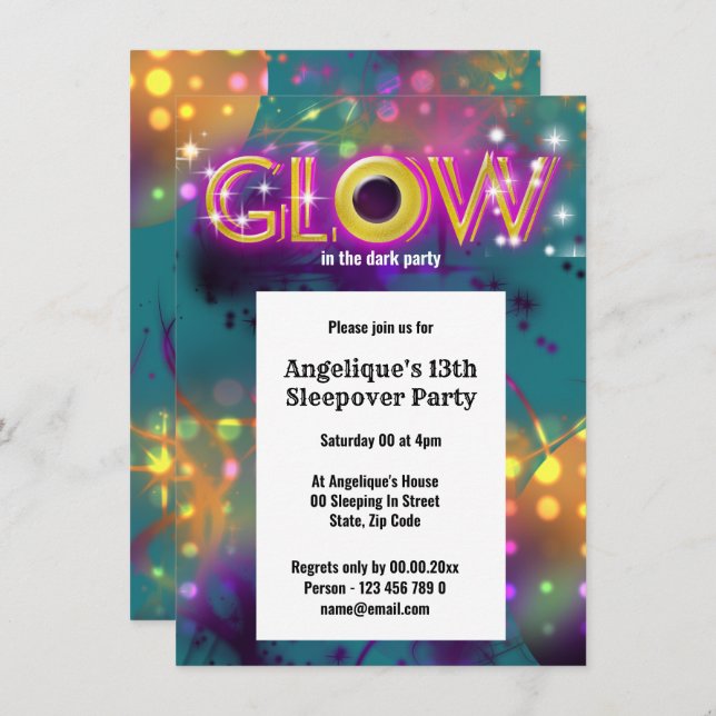 Glow in the dark neon party for kids invitation (Front/Back)