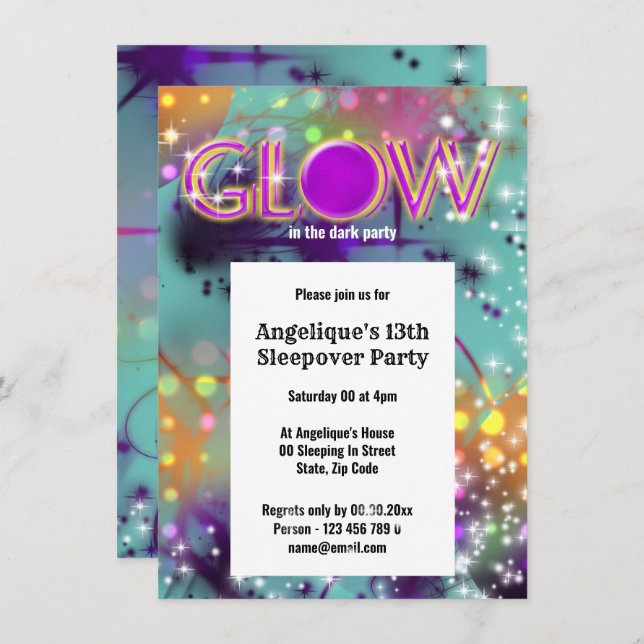 Glow in the dark neon party sparkle invitation (Front/Back)