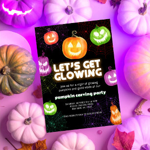 Glow in the dark neon themed Pumpkin Carving Party Invitation