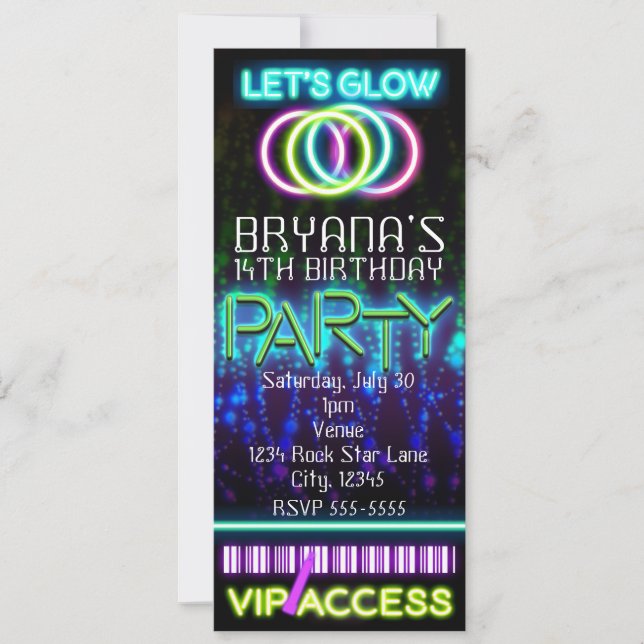 Glow in the Dark Neon VIP Birthday Party Ticket Invitation (Front)