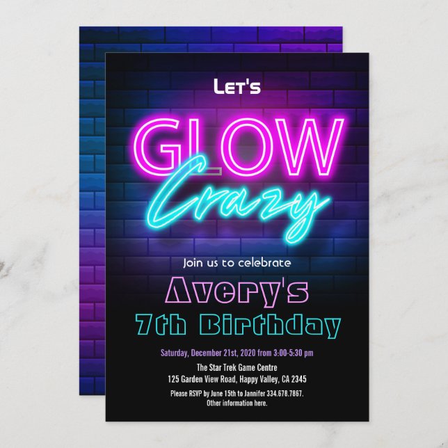 Glow In The Dark Pink Birthday Party Invitation (Front/Back)
