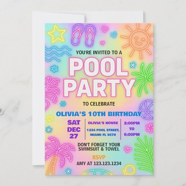 Glow in the Dark Pool Party Invitation (Front)