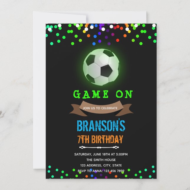 Glow in the dark soccer birthday invitation (Front)
