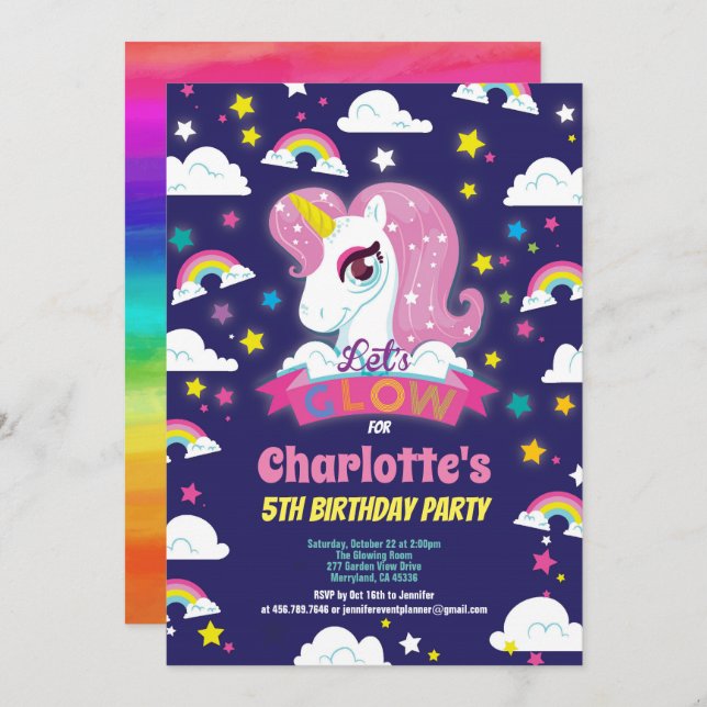 Glow in the dark unicorn birthday invitation (Front/Back)