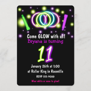 GLOW Lights 11th Birthday Party Age 11 Invitation