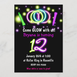 GLOW Lights 12th Birthday Party Age 12 Invitation