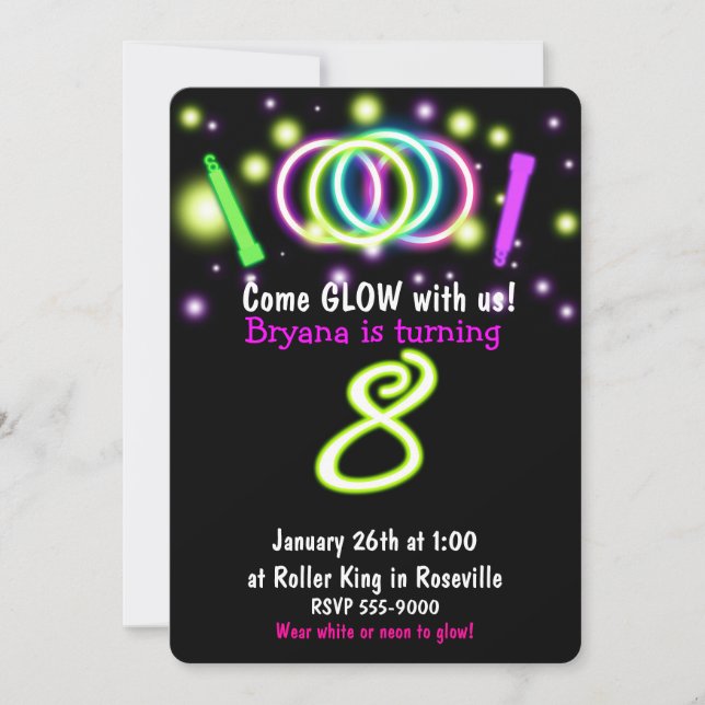 GLOW Lights 8th Birthday Party Age 8 Invitation (Front)