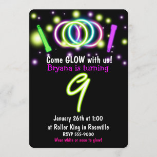 GLOW Lights 9th Birthday Party Age 9 Invitation
