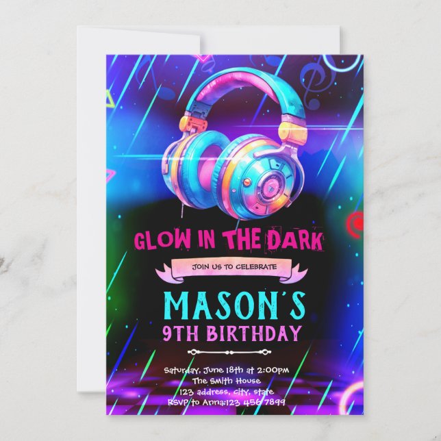Glow music dance party invitation (Front)