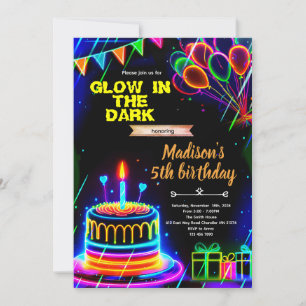 Glow neon birthday cake party invitation
