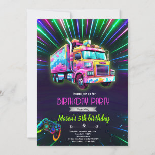 Glow neon game truck Birthday Invitation