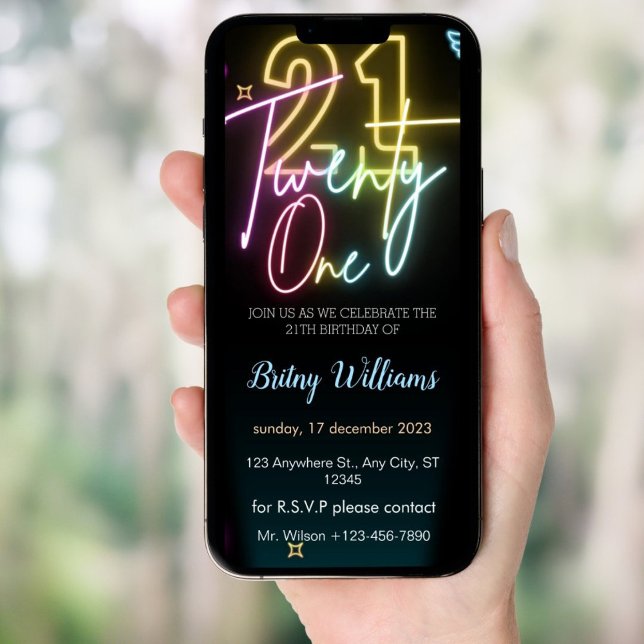 Glow Neon Light 21th Birthday Invitation (Creator Uploaded)