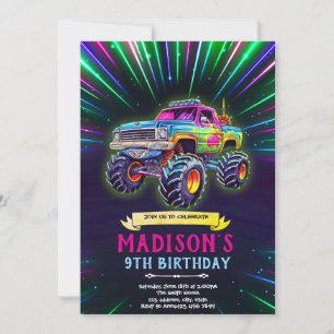 Glow neon monster truck invitation