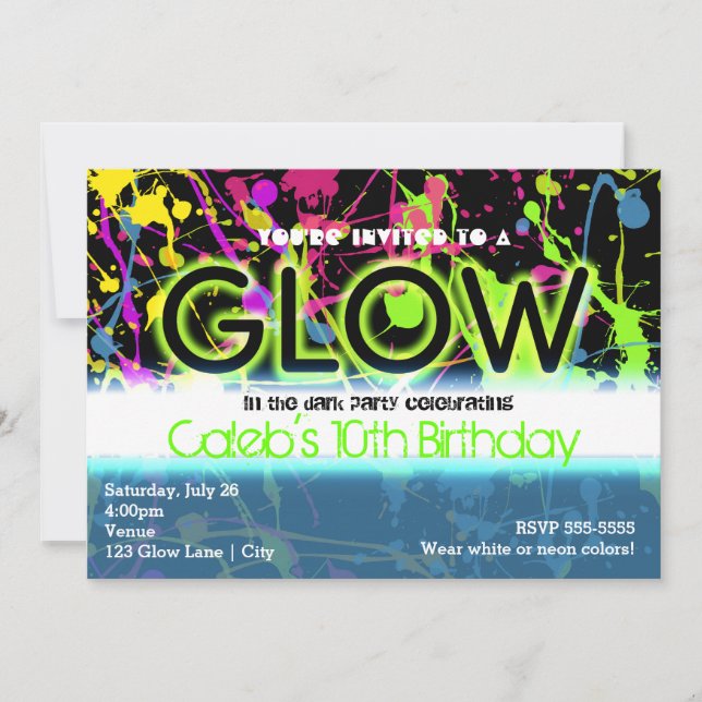 Glow neon paint splatter birthday party invitation (Front)