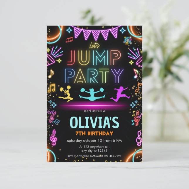 Glow Neon Trampoline lets jump Birthday Invitation (Standing Front)