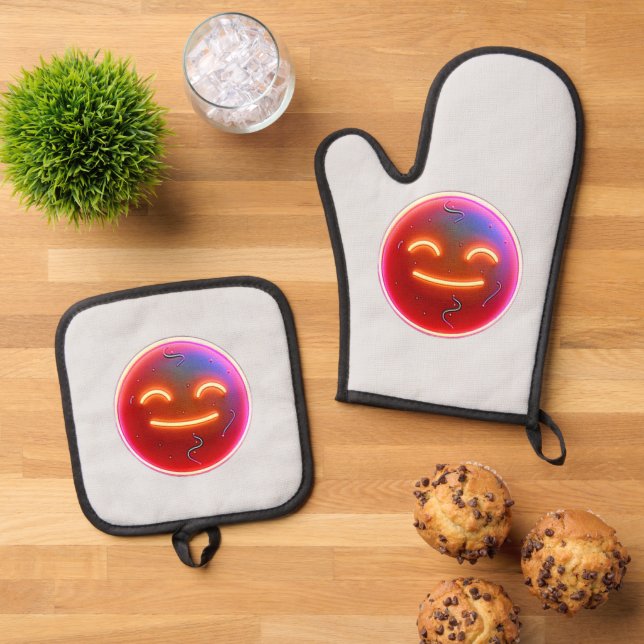 Glow of Joy: Digital Emoticon Oven Mitt & Pot Holder Set (Top Down)
