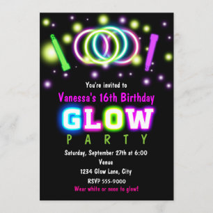 GLOW PARTY Birthday Neon Black Light Invitation