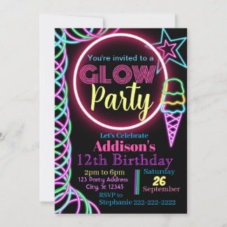 Glow Party Invitation, Neon Birthday Party Invitation