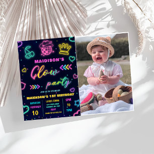 Glow Party Neon Colourful Birthday Party Photo  Invitation