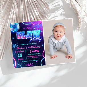 Glow Party Neon Colourful Birthday Party Photo Invitation