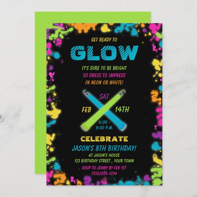 Glow Party Neon Colours Birthday Invitation (Front/Back)