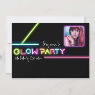 GLOW PARTY Neon Photo Birthday Party Invitation