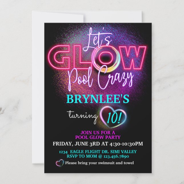 Glow Party, Pool Party, Neon Party Invitation (Front)