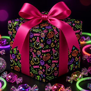 Glow Spooky Personalised Neon Ghost Halloween Wrapping Paper