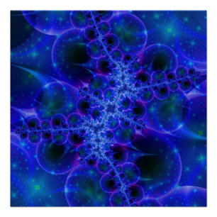Glow Stars Blue and White Fractal Art Poster