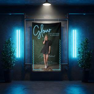 Glow The Future is Bright Fun Blue Neon Graduation Banner