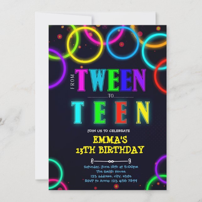 Glow tween to teen birthday invitation card (Front)