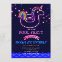 Glow unicorn pool theme party Invitation