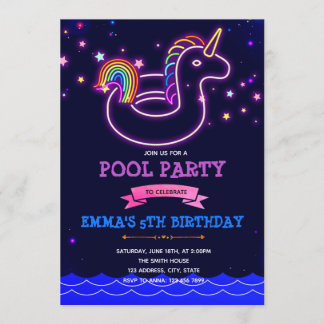 Glow unicorn pool theme party Invitation