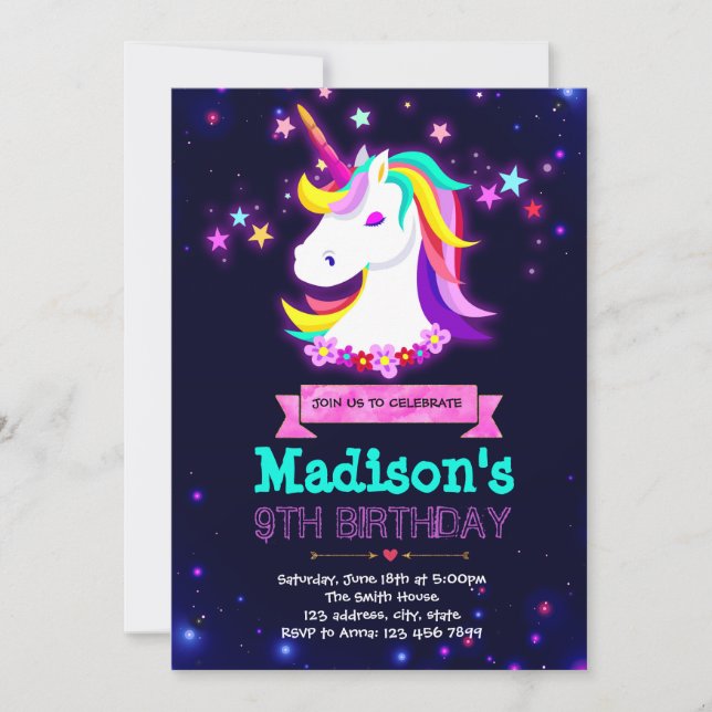 Glow unicorn theme party Invitation (Front)