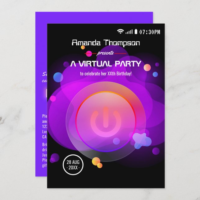 Glow Virtual Birthday Party Invitation (Front/Back)