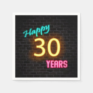 glowing 30 neon sign on brick wall napkin